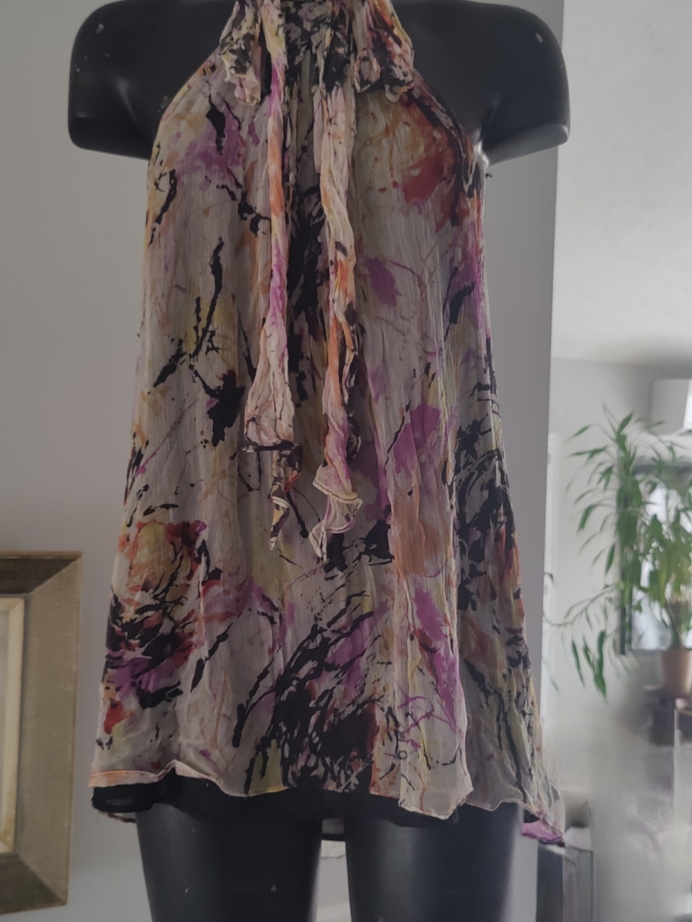 Zara Abstract Print Sleeveless Tie-Neck Womens Top Multi Color Sz S